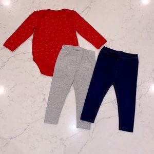 EUC Set 3 Gap Baby Girl’s Red Star Bodysuit, Gray Leggings, Jeggings (18-24m)